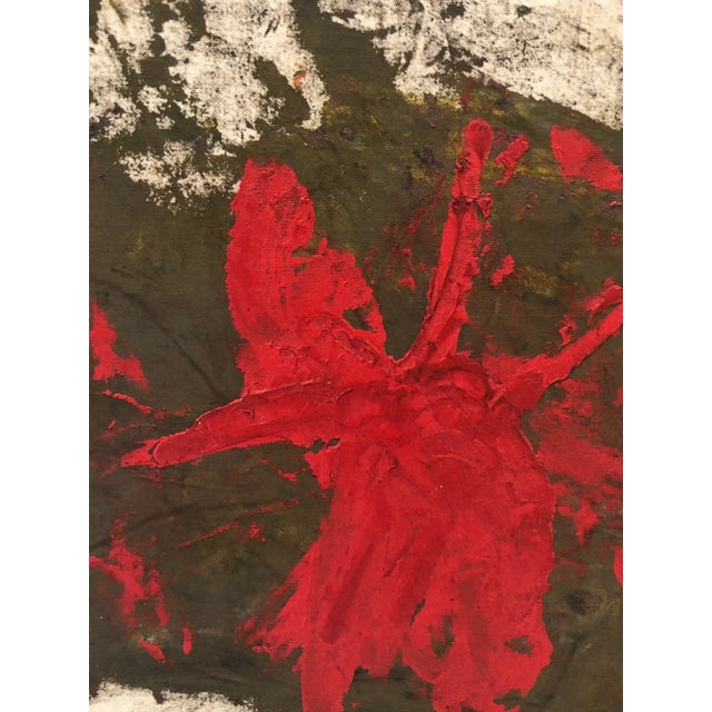 Interesting framed abstract piece, painting on seen drop cloth with heavy and textural application of paint. The piece is...