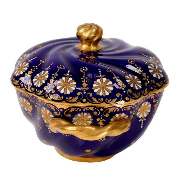 19th Century Antique Coalport Jewelled Cobalt Blue Twin-Handled Covered Bowl, 1872 For Sale - Image 5 of 14