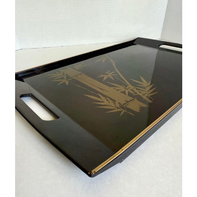 Mid 20th Century Vintage Marusei Japanese Black Serving Tray With Gold Bamboo Design For Sale - Image 5 of 10