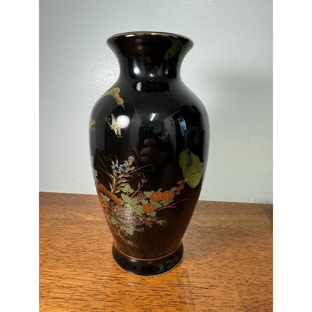 Japanese Japanese Hand Painted Vase 8” Black With Gold Rim & Floral Design Collectible For Sale - Image 3 of 10