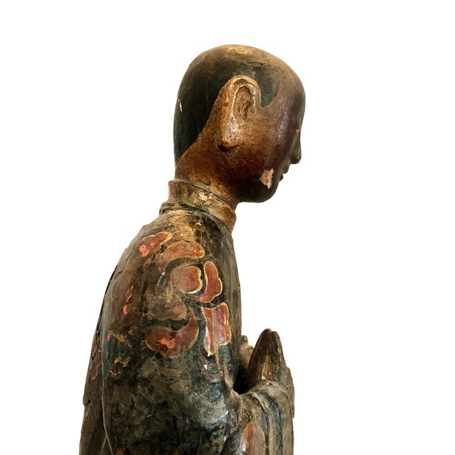 Chinese Qing Dynasty Lacquered and Polychrome Wood 18" Figure With a Deer For Sale - Image 10 of 13