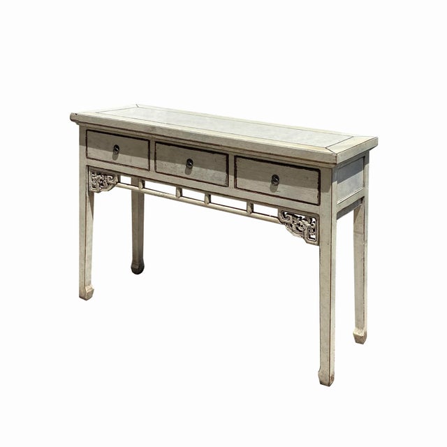 Chinese Distressed Off White 3 Drawers Side Pedestal Console Table For Sale - Image 4 of 7