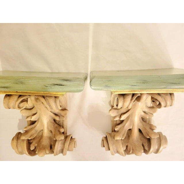 Vintage Plaster Dry Brushed Antique Tan, Pale Green Gold Heavy Wall Sconce Wall Shelves- a Pair For Sale In West Palm - Image 6 of 7