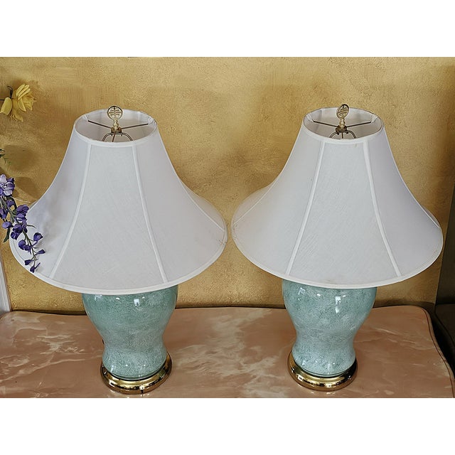 Hollywood Regency Pair of Vintage Celadon Glazed Ceramic Ginger Jar Table Lamps For Sale - Image 3 of 18