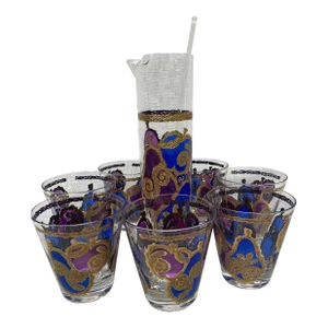 Mid 20th Century Georges Briard Purple Blue Gold Fruit Cocktail Pitcher- Set of 9