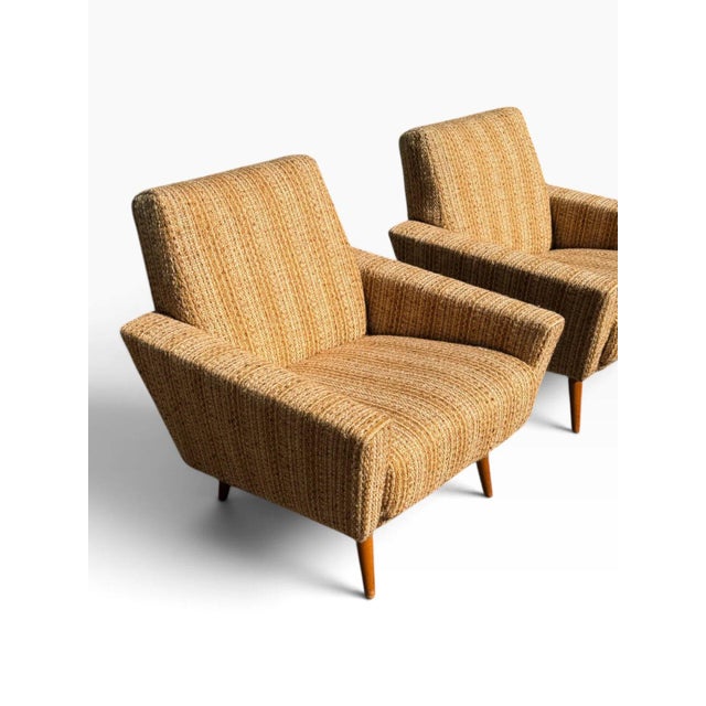 Mid-Century Modern Pair of Danish Modern Lounge Chairs | Sculptural Flared Arms in Woven Tweed | Tapered Wood Legs | C. 1960s For Sale - Image 3 of 16