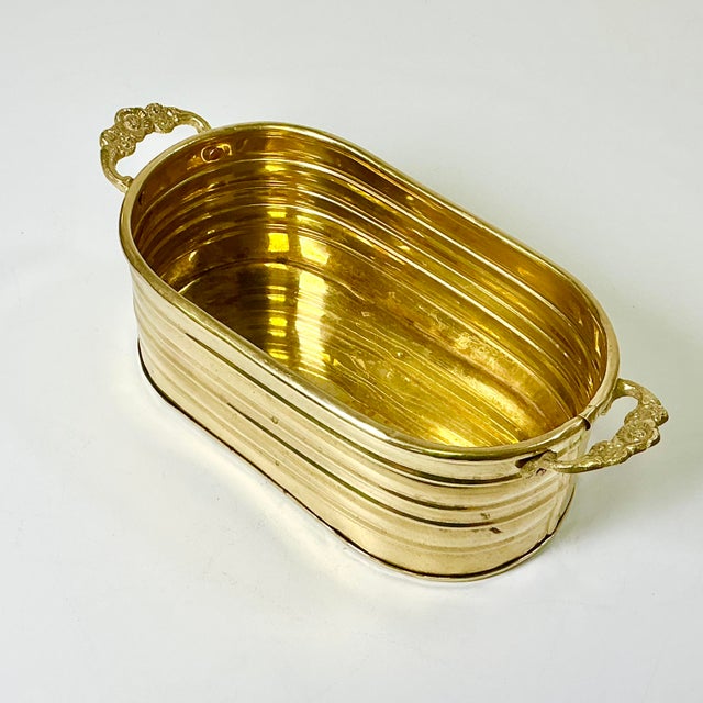 Hollywood Regency Mid-Century Boho Chic Hollywood Regency Arts & Crafts Oval Bras Planter With Flora Cast Handles For Sale - Image 3 of 11