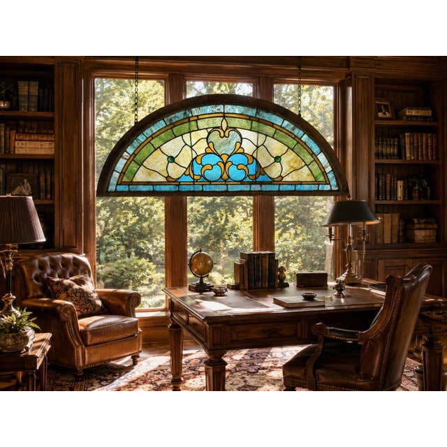 A spectacular antique architectural stained glass window featuring an arched form, richly colored leaded glass and a...