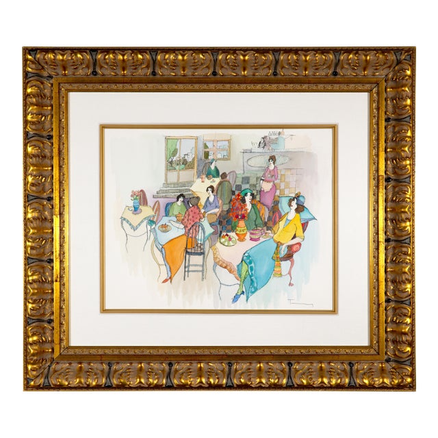 Itzchak Tarkay—"Noon at the Cafe #9"—Original Unique Watercolor & Mixed Media, 2005, With Coa on Arches Paper For Sale