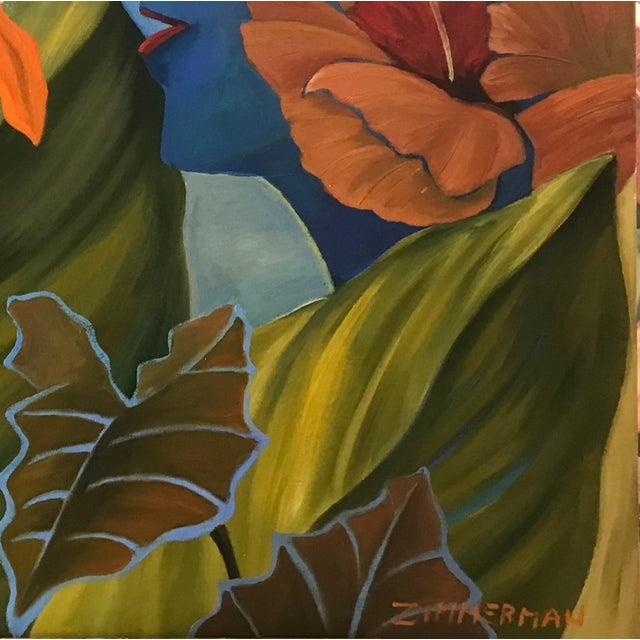 2010s Marc Zimmerman "Jungle Blues" Oil Painting, Blue Figurative Portraits in Tropical Setting, Hibiscus Blooms, Gold Foliage, Contemporary Art West Coast For Sale - Image 5 of 9