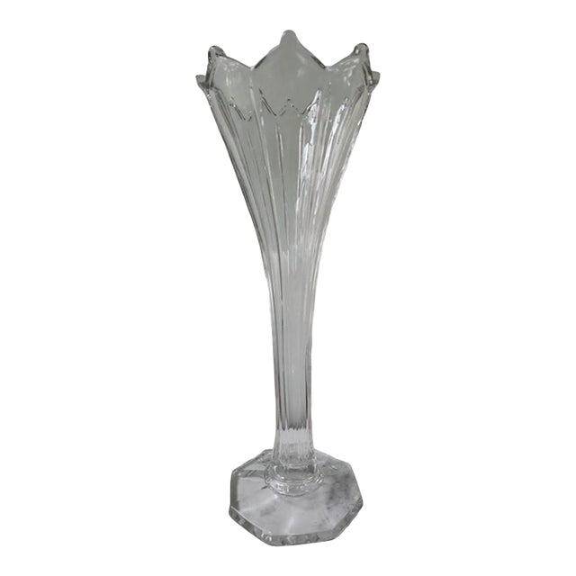 Mid 20th Century Modern Clear Swung Glass Vase With Octagonal Base, 14” For Sale