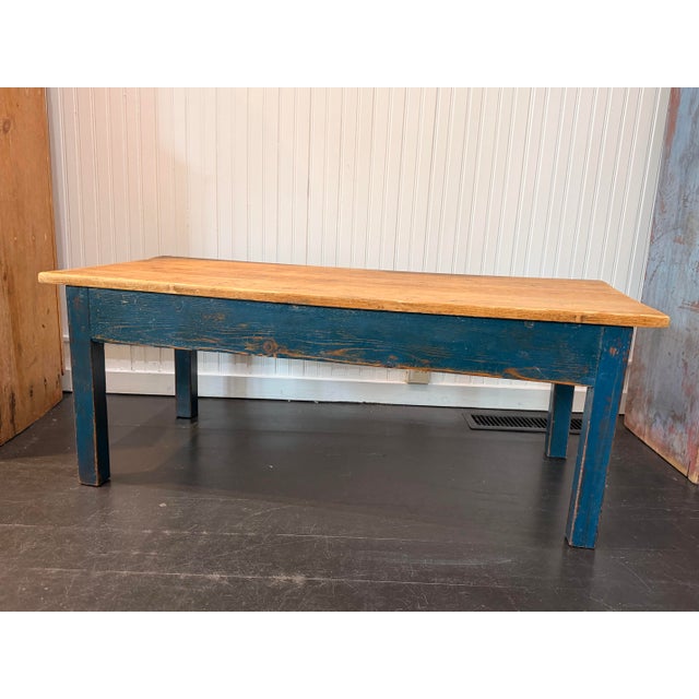English Pine Coffee Table With Blue Painted Base For Sale - Image 9 of 9