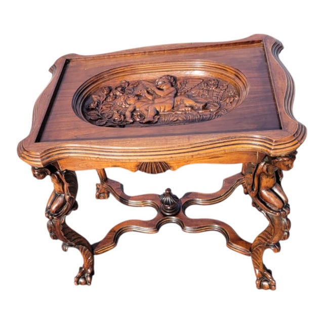 1920 Ornate Carved Angel Display Table With Glass Top and Sculptural Legs For Sale - Image 9 of 18