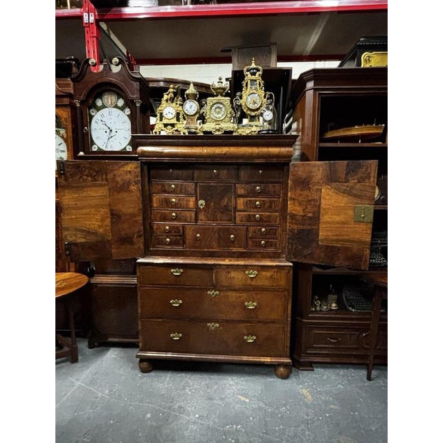 Original William & Mary Walnut Cabinet On Chest Of Drawers, Secret Compartments Splits in 2 pieces for easier...