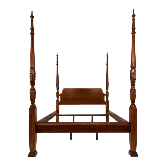Vintage Mahogany Rice Carved Poster Bed Queen Size For Sale