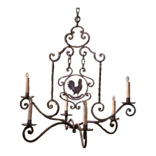 20th Century French Forged Polished Iron Six-Light Rooster Chandelier For Sale