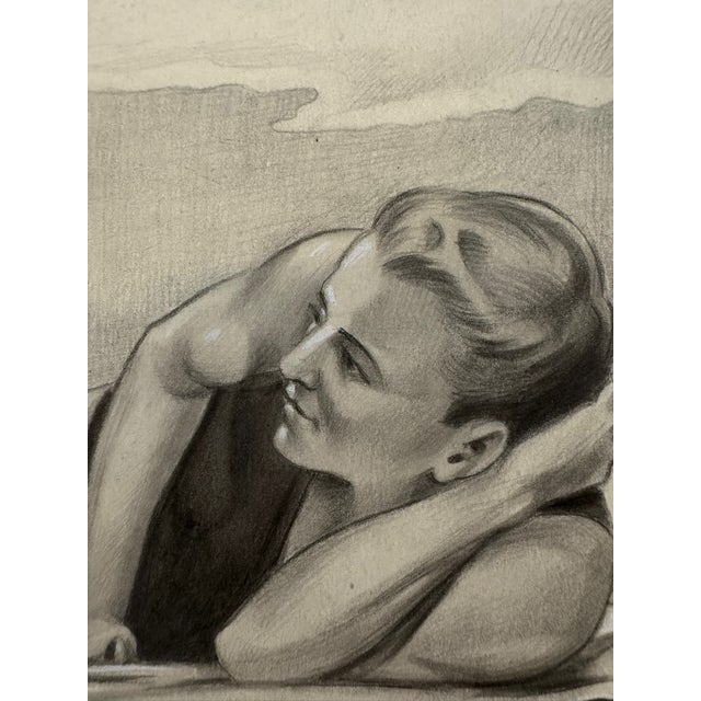 American 1940s Original t.e. Schrock Signed Graphite Illustration of Two Women at the Beach, 8.5'' X 10''. For Sale - Image 3 of 6