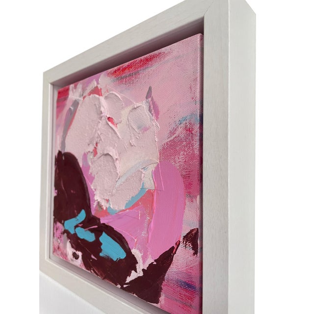 Contemporary Colorful Pink and Turquoise Mini Textured Abstract Painting in Shadow Box Frame – Modern Bookshelf Art Decor For Sale - Image 3 of 8