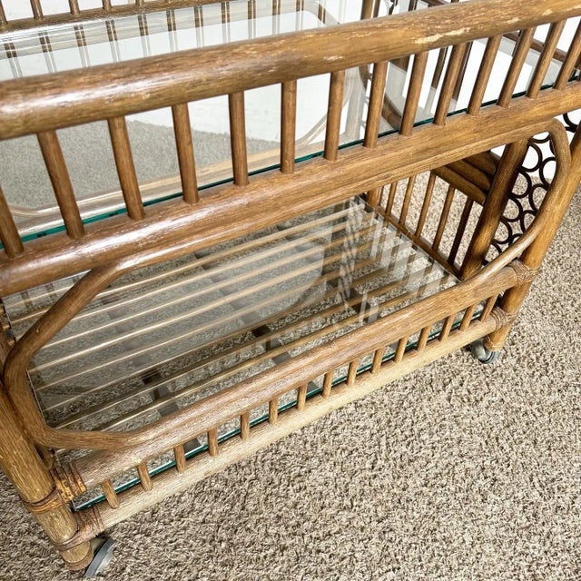 Boho Chic Bamboo Rattan and Glass Two-Tier Bar Cart For Sale - Image 4 of 9