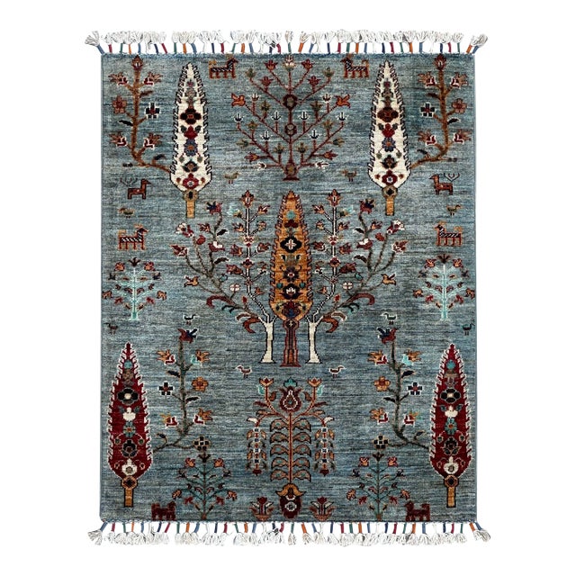Small Persian Tree of Life Rug – Hand-Knotted Wool, 2.9x3.6 Ft, Aqua & Jewel Tones For Sale