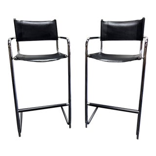 Mart Stam Chrome & Black Leather Bar Stools - Made in Italy For Sale