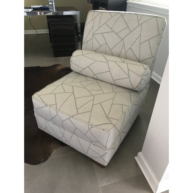 Beautiful contemporary slipper chair, custom upholstered in a modern monochrome patchwork fabric. A beautiful lounge...