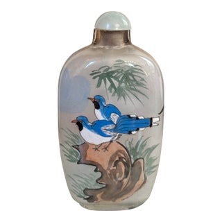 Tall Midcentury Reverse Painted Snuff Bottle With Spoon For Sale