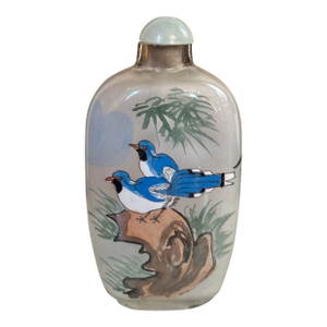 Tall Midcentury Reverse Painted Snuff Bottle With Spoon