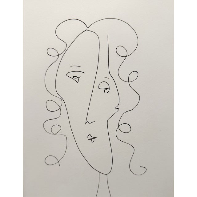 This black and white ink drawing is inspired by the mid-century masters. Framed in a vintage gold wood frame with light...