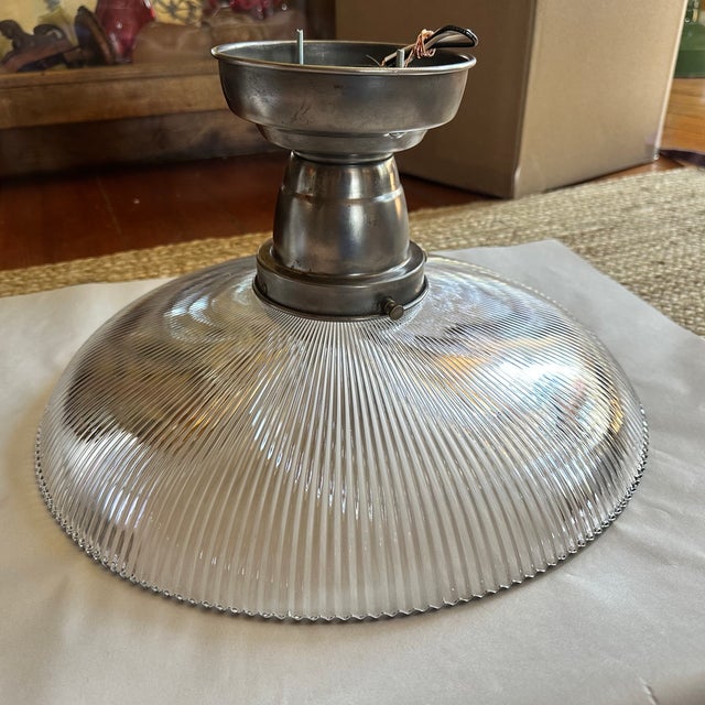 1930s Large Pagoda Shape and Stamped Holophane Shade on Old Nickel Plated Flushmount Holder For Sale - Image 4 of 7