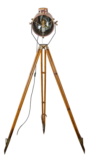 Searchlight Spotlight Floor Lamp in Copper and Brass on Wooden Tripod by Francis Bolton, 1930s