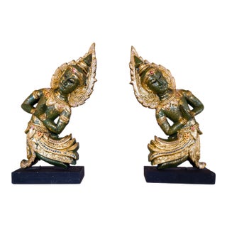 Pair of Vintage Thai Temple Guardian Angel Figures – Gilded Composite Wood With Inset Glass Details For Sale