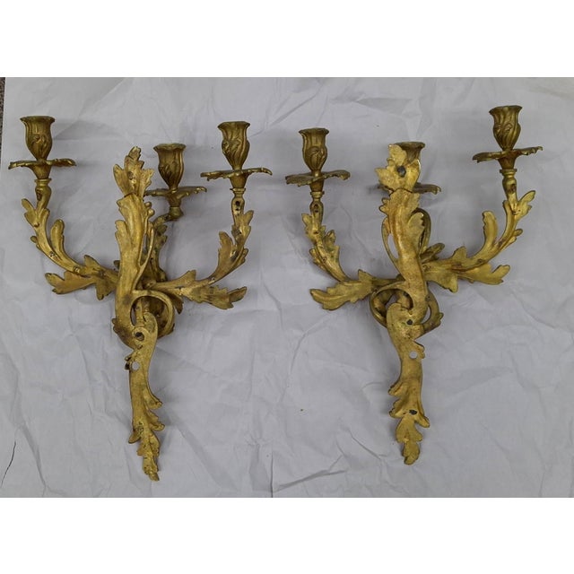 Rococo Late 19th Century Pair of Rococo Style Gilt Bronze Three Arm Wall Candelabra Sconces For Sale - Image 3 of 7