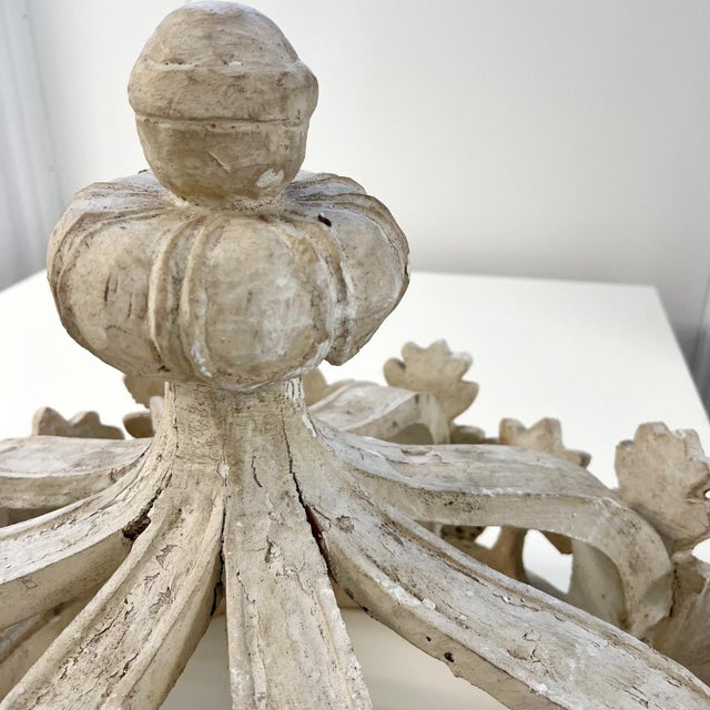 Cream Antique French Carved Wood Distressed Canopy Crown For Sale - Image 8 of 11