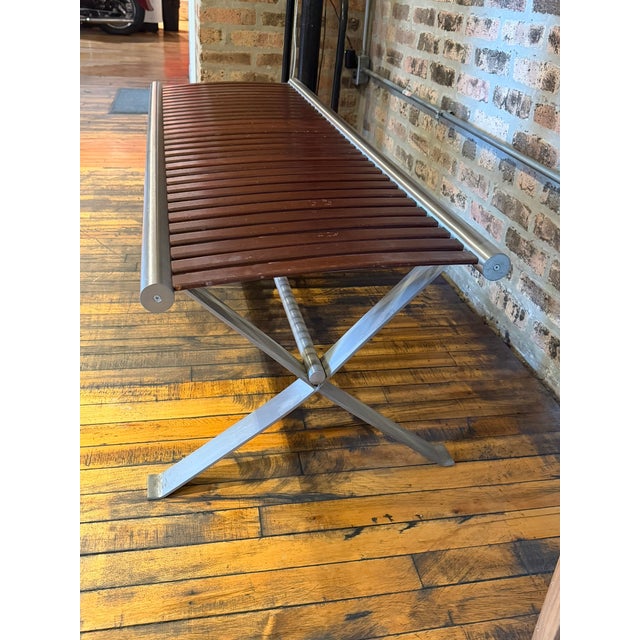 One‑of‑a‑Kind Mahogany Slatted Bench – Custom Brushed Steel Frame Modern Industrial Design For Sale - Image 11 of 12
