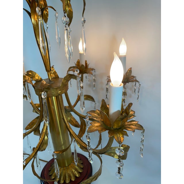 Mid 20th Century Italian Gilt Tole and Crystals Electric Candelabra Lamp For Sale - Image 9 of 18