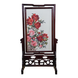 Chinese Silk Embroidered Peony Reticulated Rosewood Fire Screen Panel 31" For Sale
