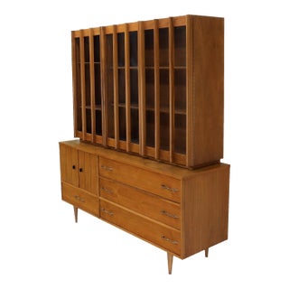 Mid 20th Century Walnut mid century modern two-part hutch display cabinet with glass doors For Sale