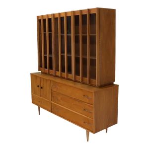 Mid 20th Century Walnut mid century modern two-part hutch display cabinet with glass doors