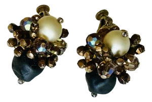 Vintage Vendome Cluster Earrings - Ivory, Black and Gold Tone, A Pair
