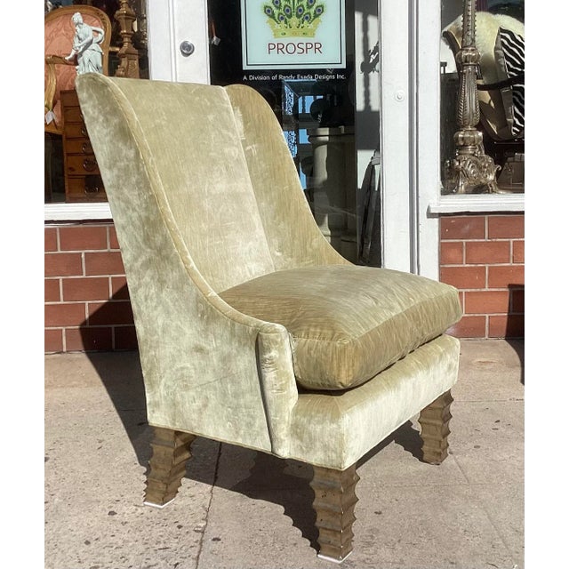 Modern Wingback Down Filled Green Silk Velvet Giltwood Chair For Sale - Image 4 of 5