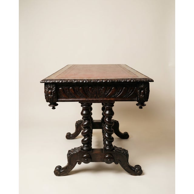 Jacobean Antique English Jacobean Revival Carved Oak Library Writing Table by Hobbs & Co. London For Sale - Image 3 of 12