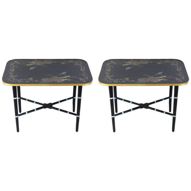 Pair of Vintage Black Lacquer Chinoiserie Side Tables With Gilt Peacock Motif For Sale - Image 16 of 16