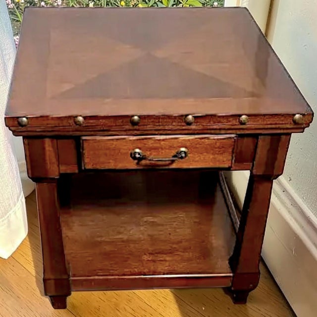 1990s Farmhouse Rustic Wood End Table With a Dome Studded Apron For Sale In Palm Springs - Image 6 of 9