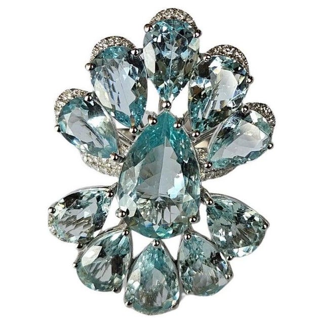 Set in 18k White Gold, 16.20 Carats Aquamarine & Diamond Oversized Cocktail Ring, Size 6 For Sale - Image 11 of 13