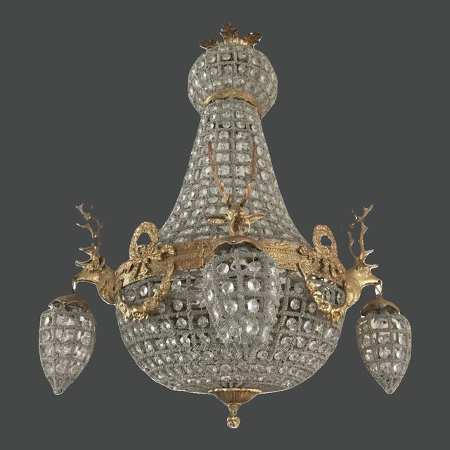 French Vintage French Louis XVI Gilt Bronze Deer Chandelier For Sale - Image 3 of 14