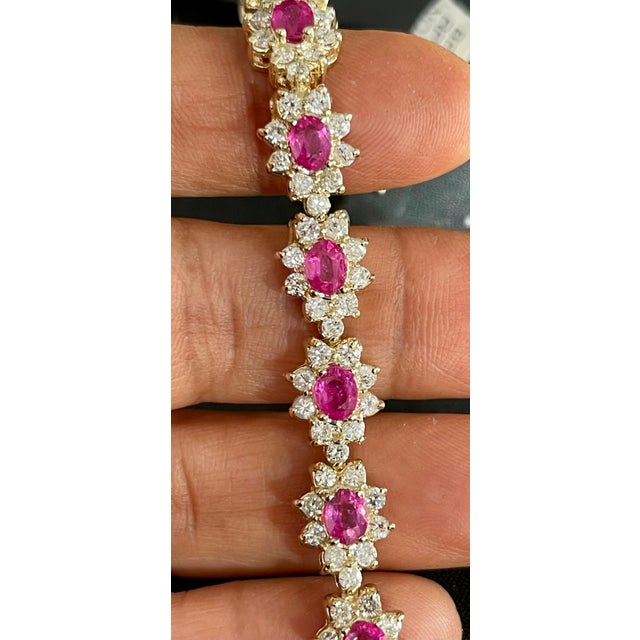 7 Carat Oval Cut Natural Ruby & Diamond Tennis Bracelet 14kt Yellow Gold 24.5 G For Sale - Image 18 of 18