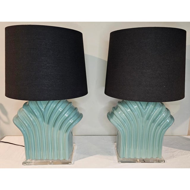 Featured is a pair of oceanfront residence suitable 80's Postmodern Seafoam Green Ceramic Glazed Table Lamps W/Lucite...
