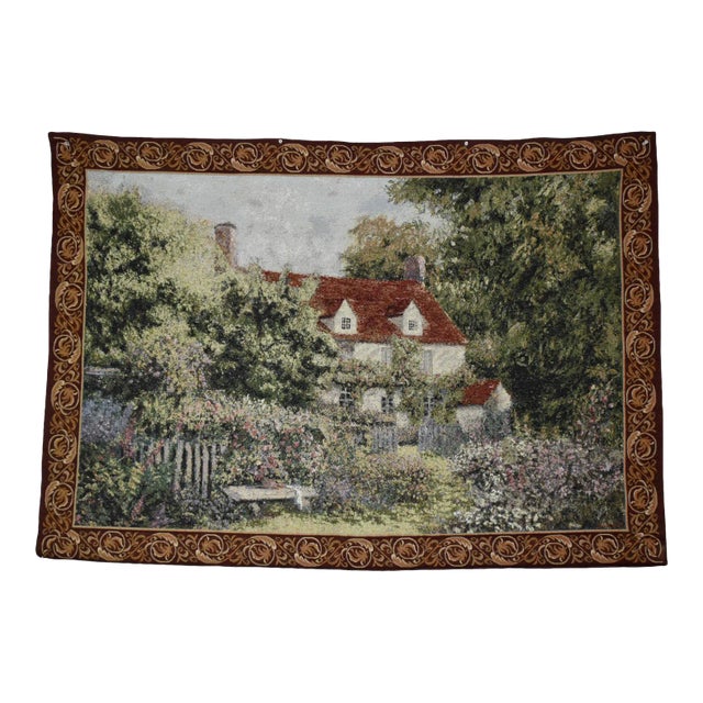 Vintage French Cottage Scene Tapestry W/Border For Sale