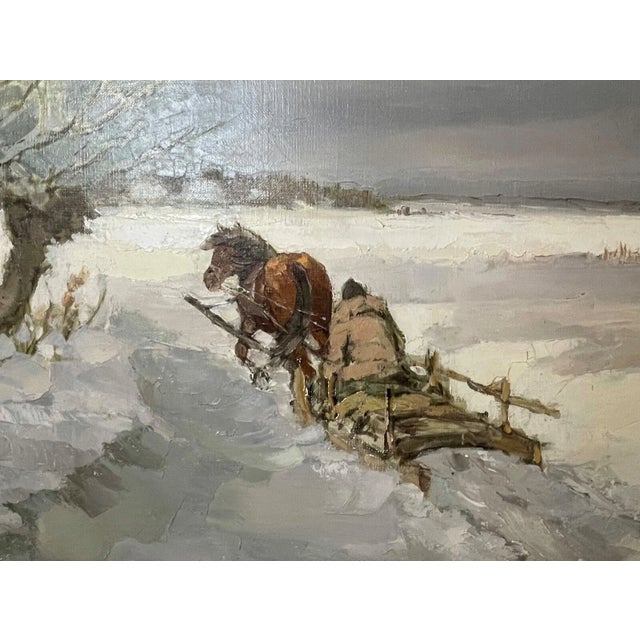 Gray Large Vintage Feliks Dolgan Polish Winter Horse Sled Snow Landscape Oil Painting For Sale - Image 8 of 13